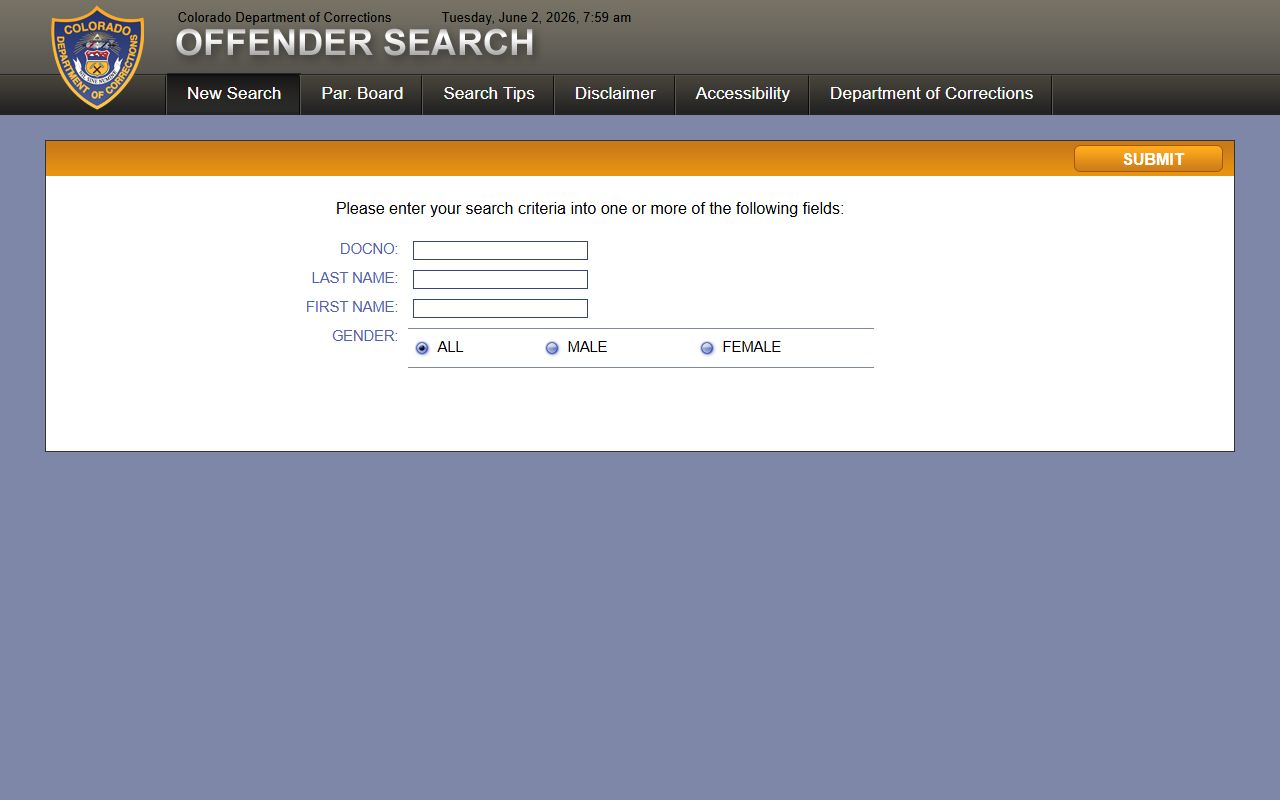 Gilpin County inmate search fallback through CDOC Offender Search