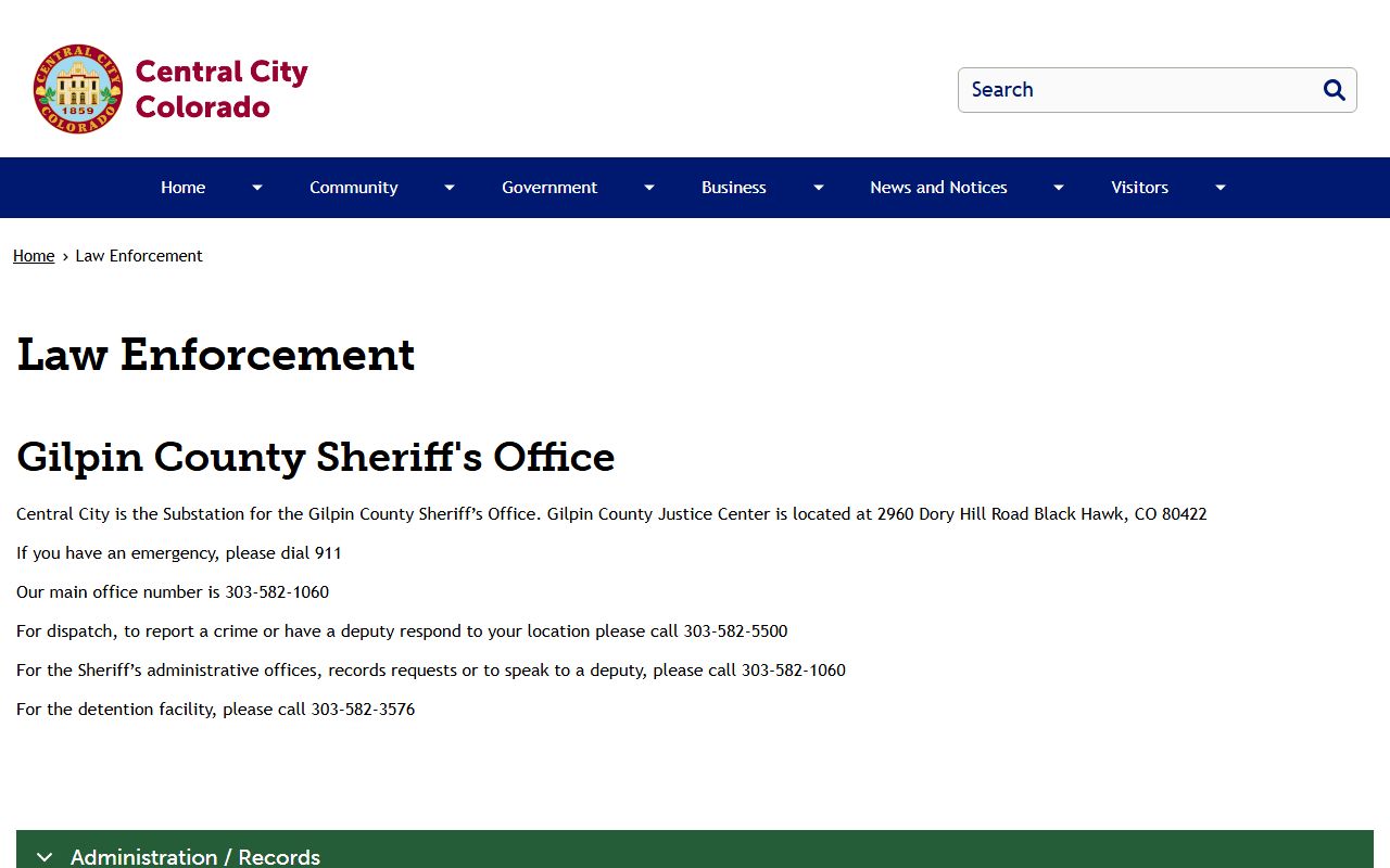 Gilpin County inmate records contact information for sheriff and detention