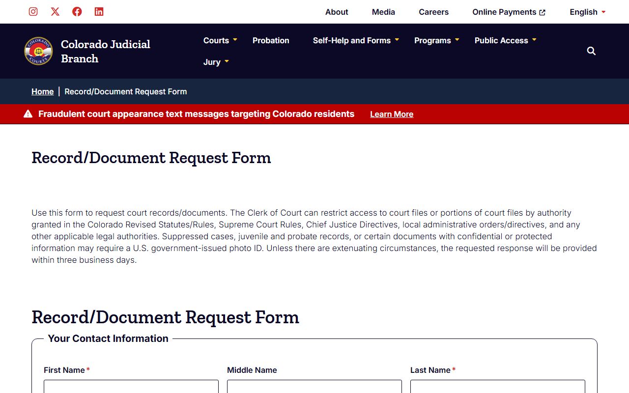 Gilpin County court record request form separate from booking photo records